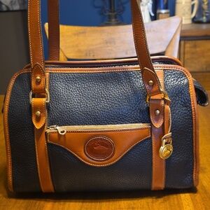 Dooney & Bourke Black Pebbled Leather Satchel with Brown Trim